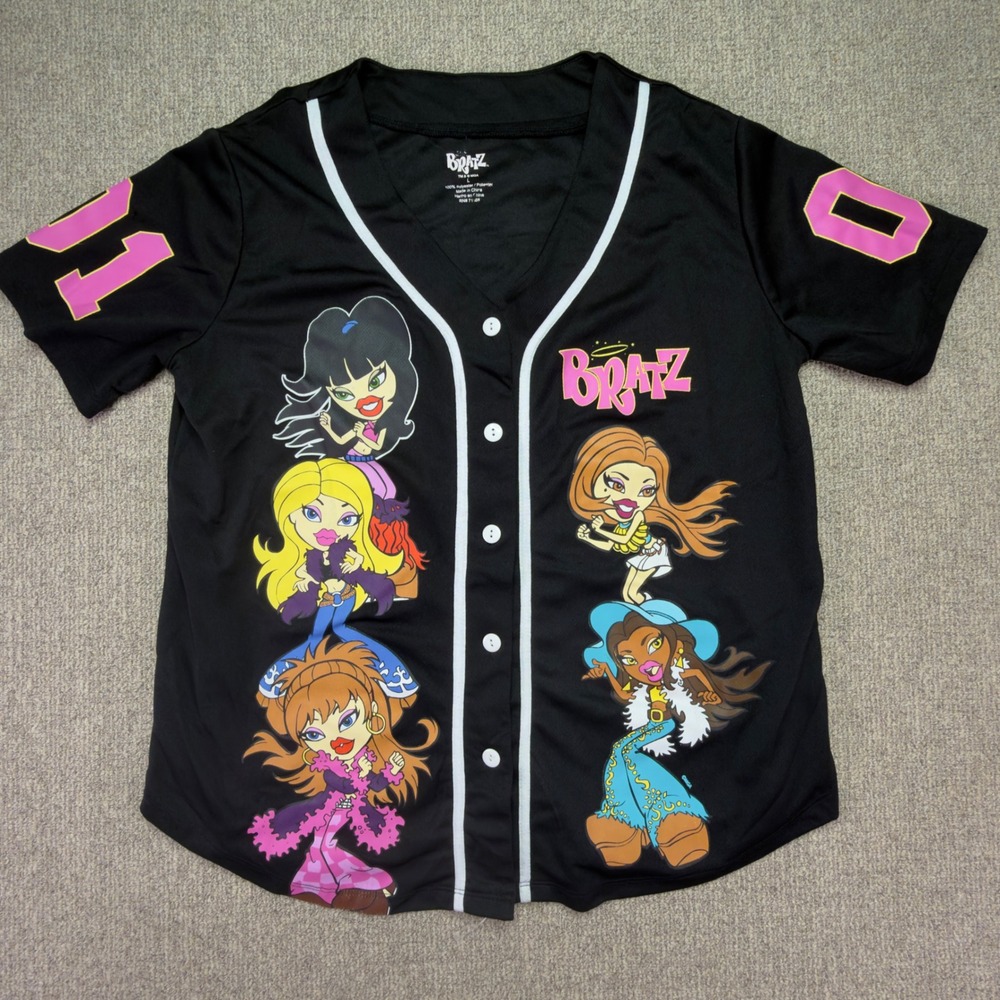Bratz MGA Baseball Jersey Black Pink Graphic Button Up Shirt Large Y2K Style